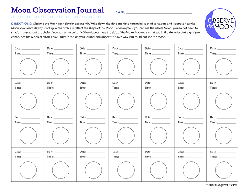 Blank worksheet with space for sketches of the Moon and notes.