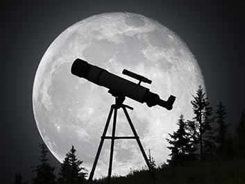 Young person using binoculars to observe the Moon. 