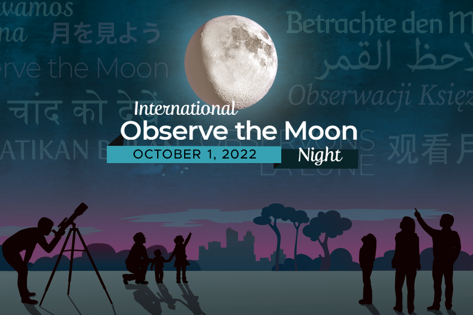 Artistic graphic of silhouettes observing a first-quarter Moon. Text reads October 1, 2022. 
