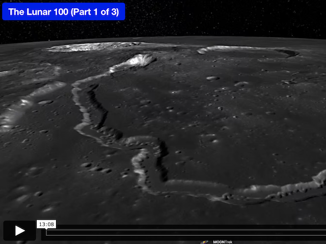 Screen shot of a video showing a winding valley on the Moon's surface. 
