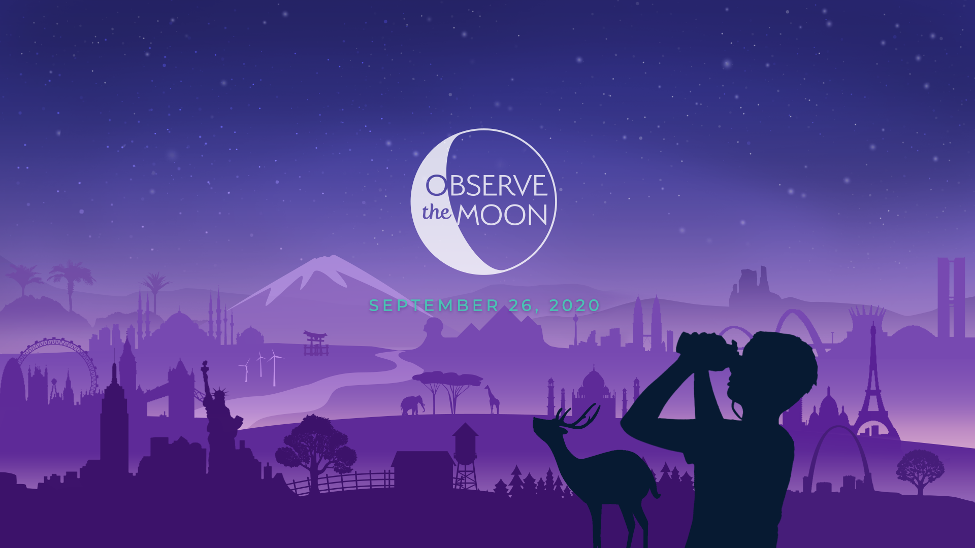 slide 1 - Illustration of imagined landscape with world landmarks, silhouette of boy looking up at moon