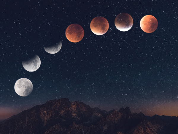 Composite of lunar eclipse phases over night sky