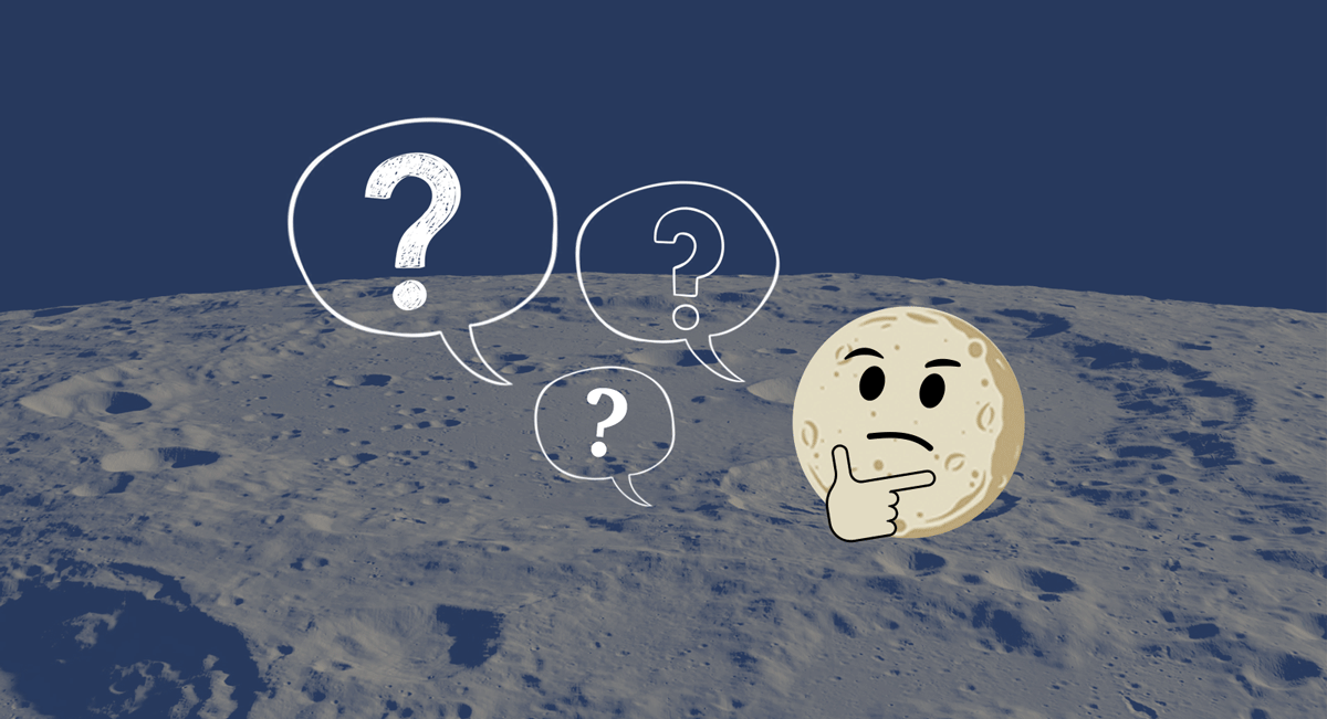 slide 2 - Illustration with question marks and a thinking emoji over the moon surface 
