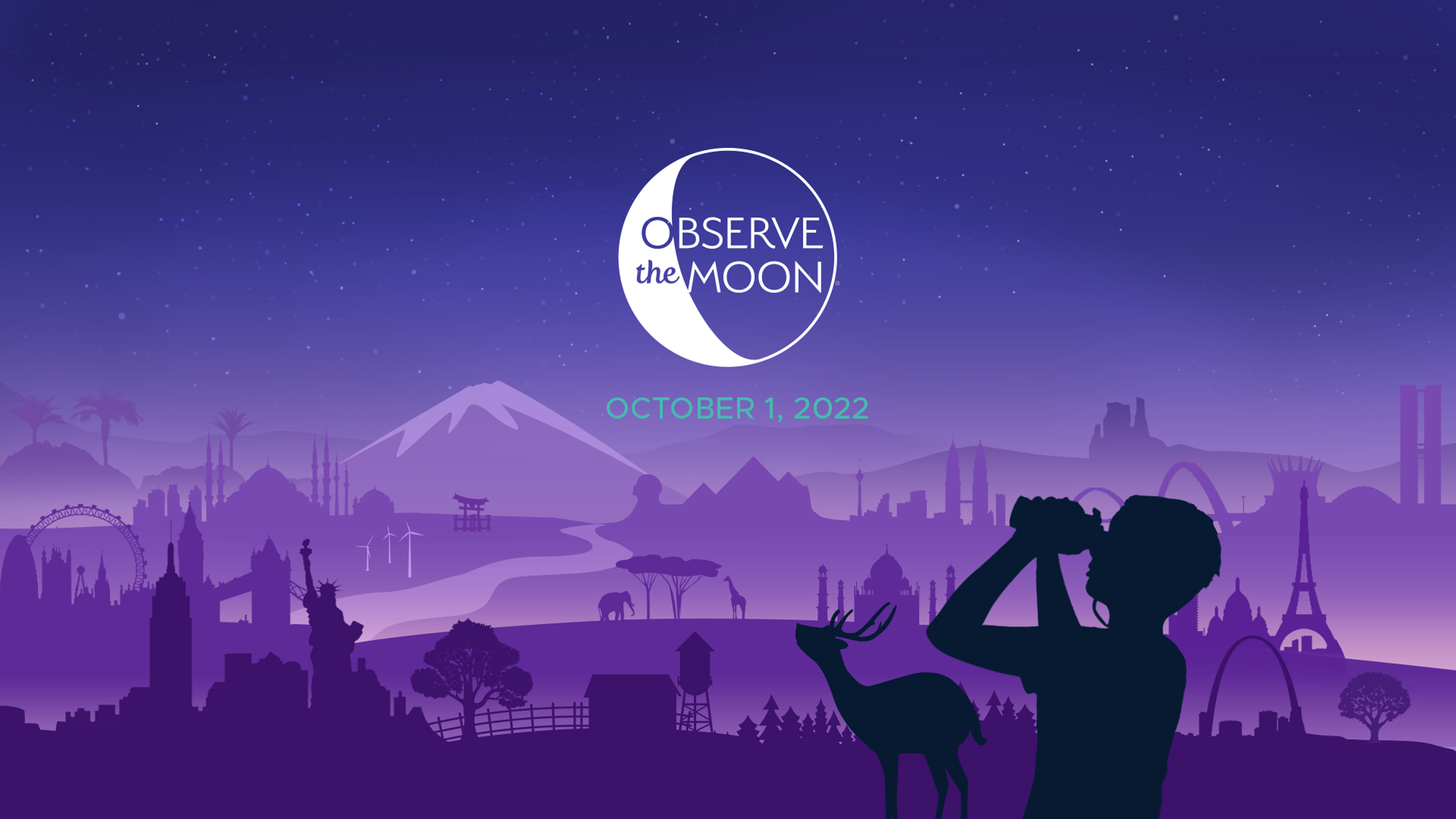 slide 1 - Illustration of imagined landscape with world landmarks, silhouette of a person looking up at the moon