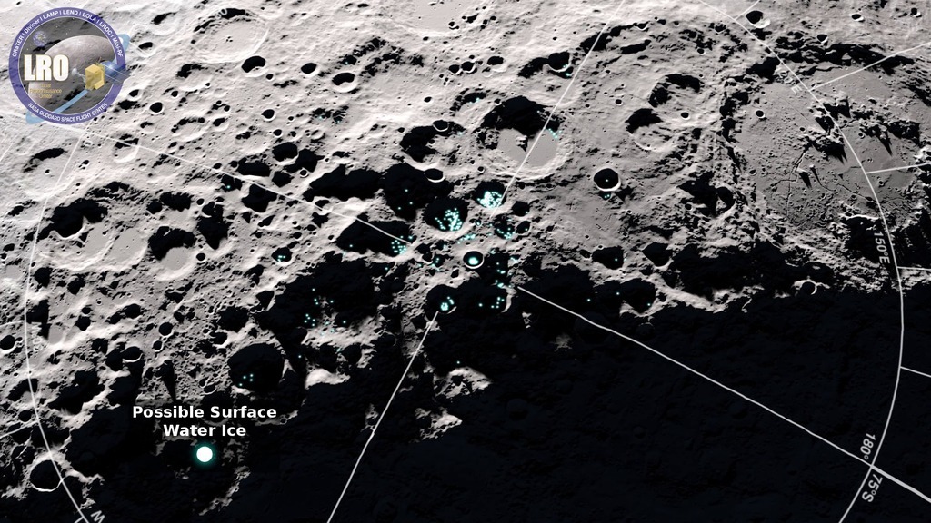 Color image shows locations of possible water-ice in dark craters on the moon.