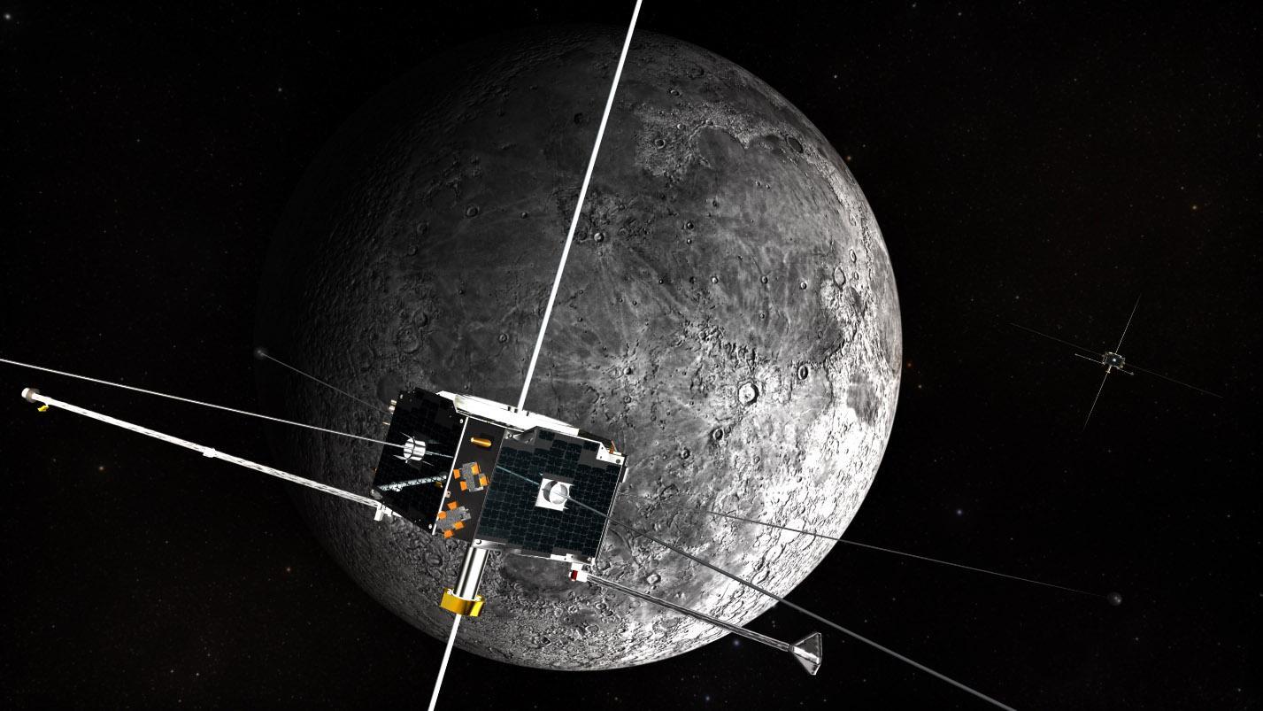 Illustration of twin spacecraft orbiting the Moon.