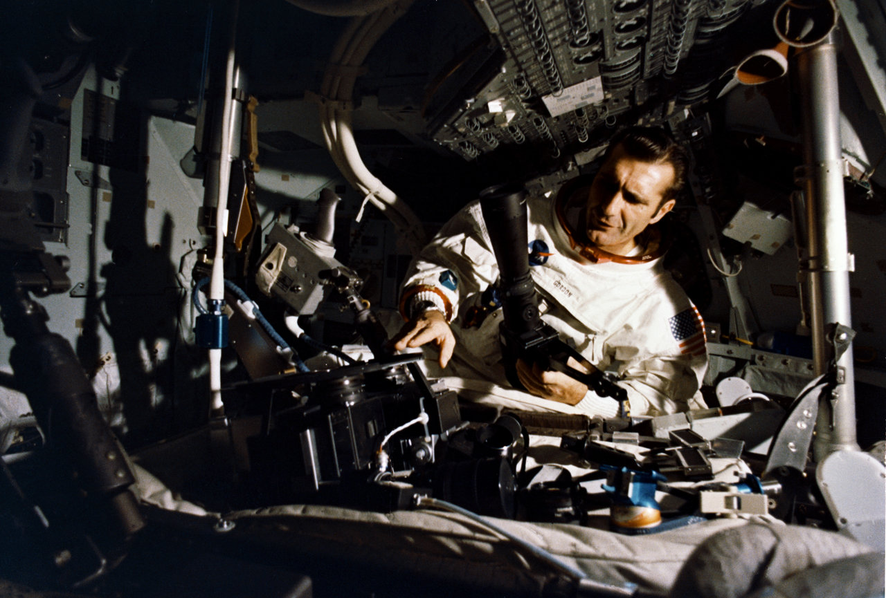 Astronaut Richard F. Gordon Jr., Apollo 12 command module pilot, participates in simulation training at the Kennedy Space Center (KSC). Apollo 12 was the NASA's second lunar landing mission. The other two crew members were Charles Conrad Jr., commander; and Alan L. Bean, lunar module pilot.