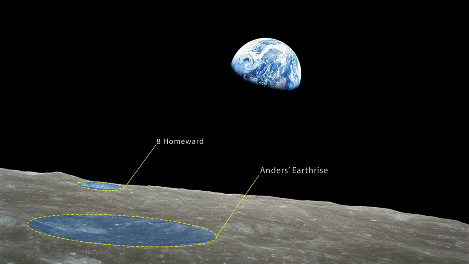 Two craters highlighted on the limb of the Moon with Earth rising above.