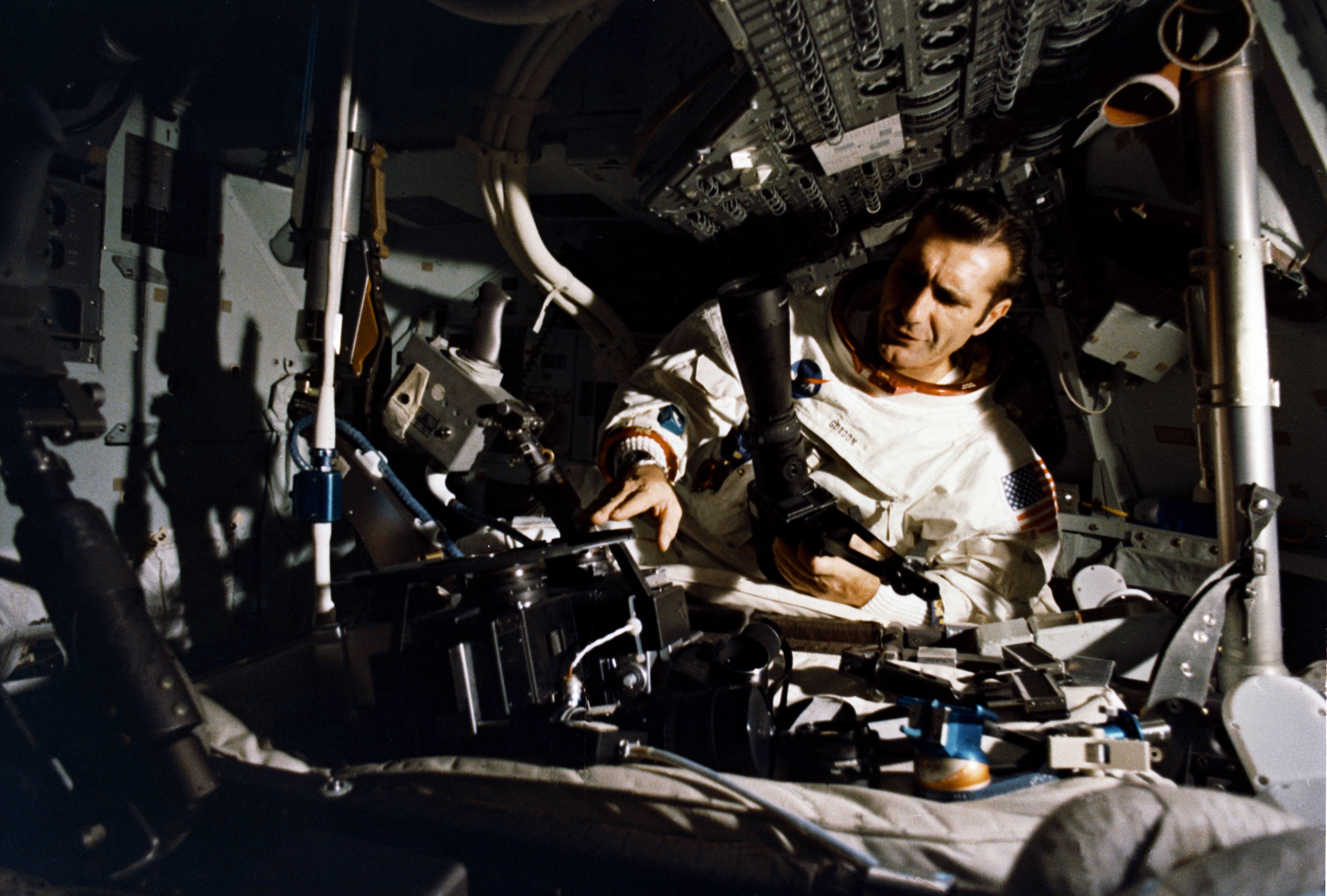 Astronaut in spacecraft simulator.
