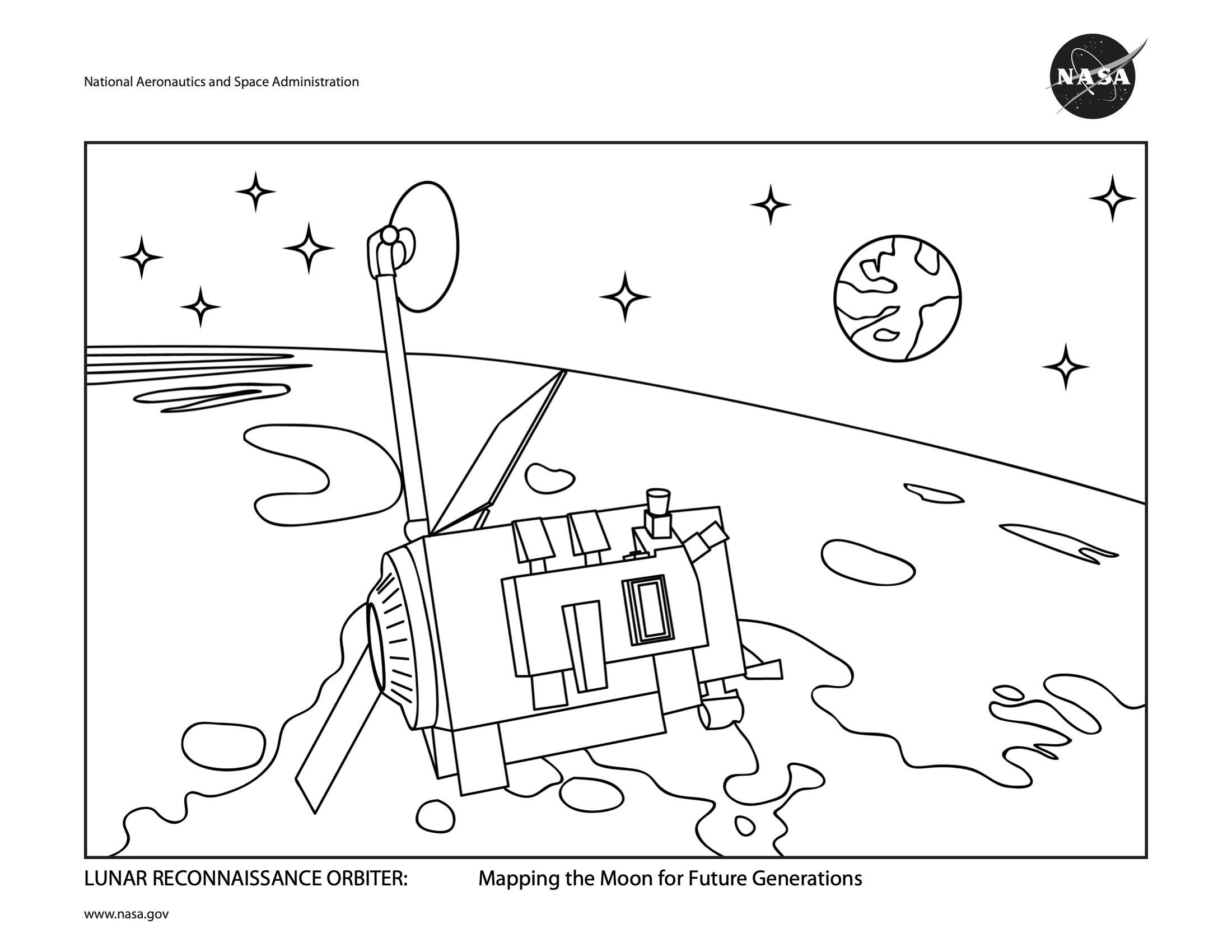coloring page scene: NASA's LRO orbiting the Moon, with Earth in background