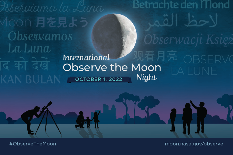Stylized illustration of silhouettes of people looking up at a large Moon in the night sky, with the text International Observe the Moon Night October 1, 2022. The sky faded title translated in different languages.