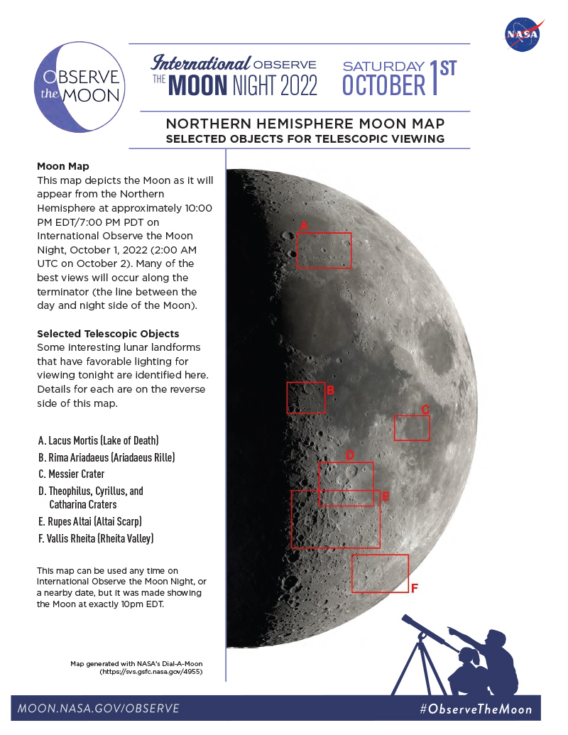 Map of the Moon with points of interest highlighted for International Observe the Moon Night 2022.