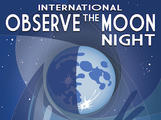 Whimsical illustration of hands reaching up to a Moon above a cityscape. Text says International Observe the Moon Night. Everyone. Everywhere. Every year. 